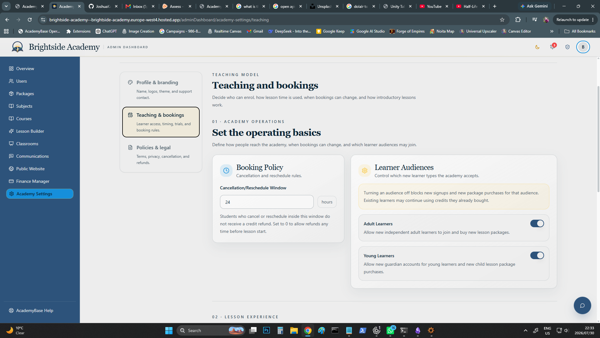 Booking policy and learner audience settings