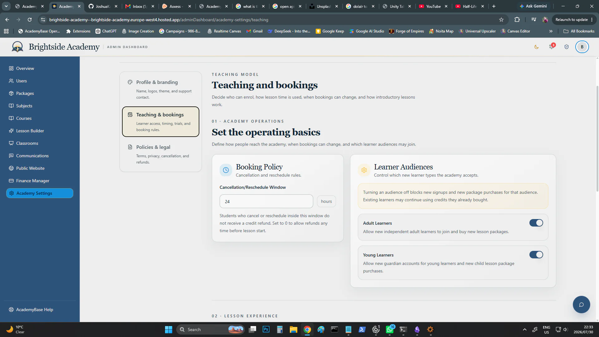 Booking policy and learner audience settings