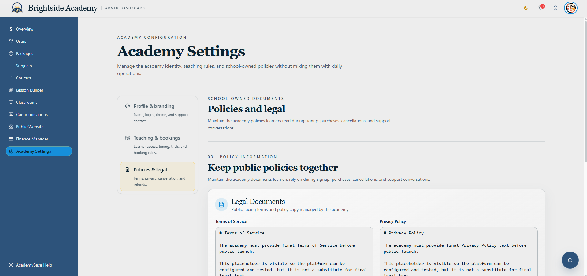 Academy policy and legal document management