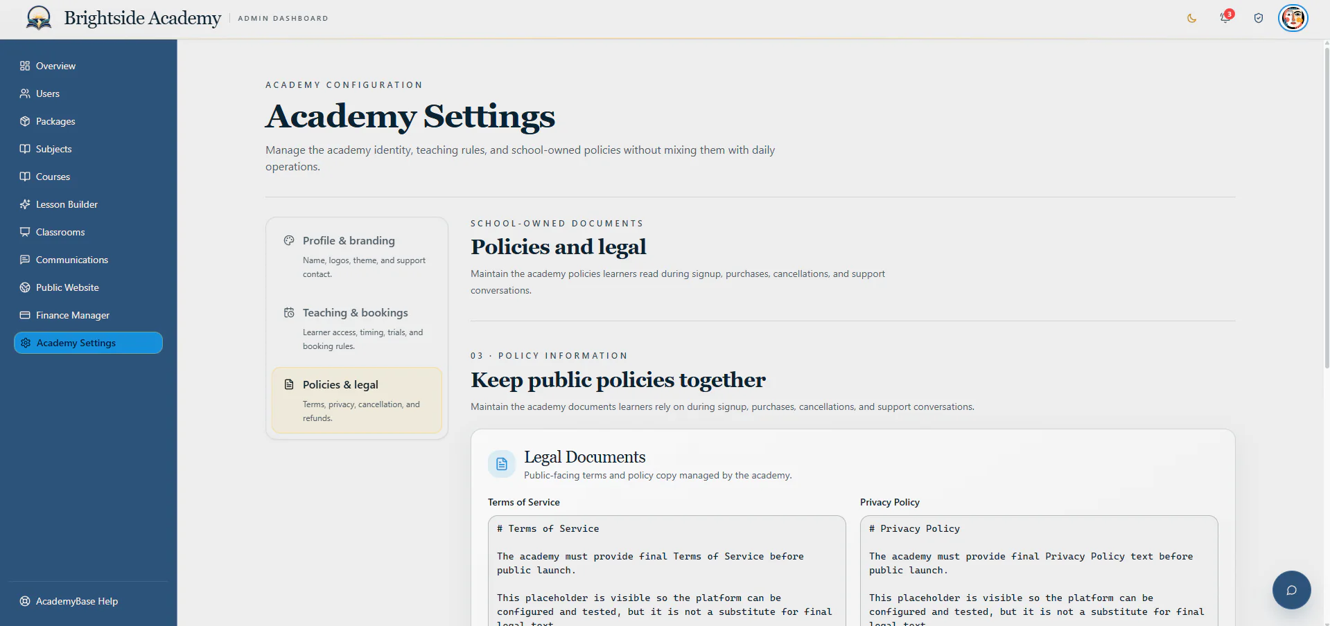 Academy policy and legal document management