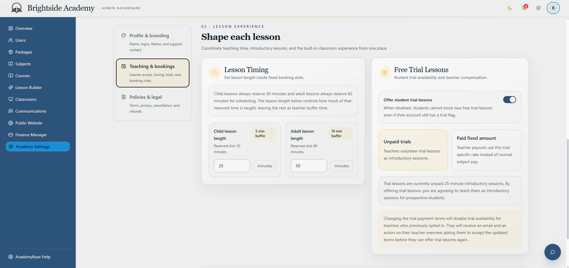 Lesson timing and trial lesson settings