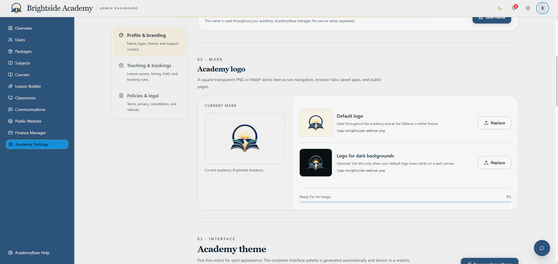 Academy logo management and theme preview