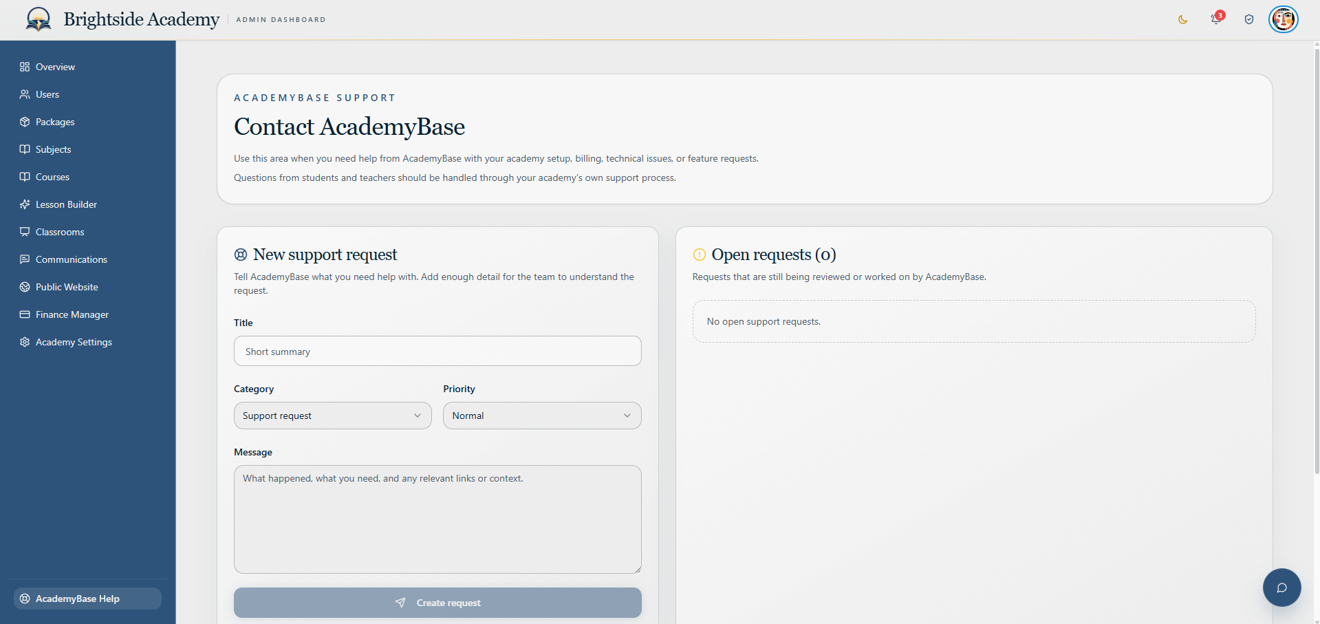 AcademyBase support workspace for academy administrators