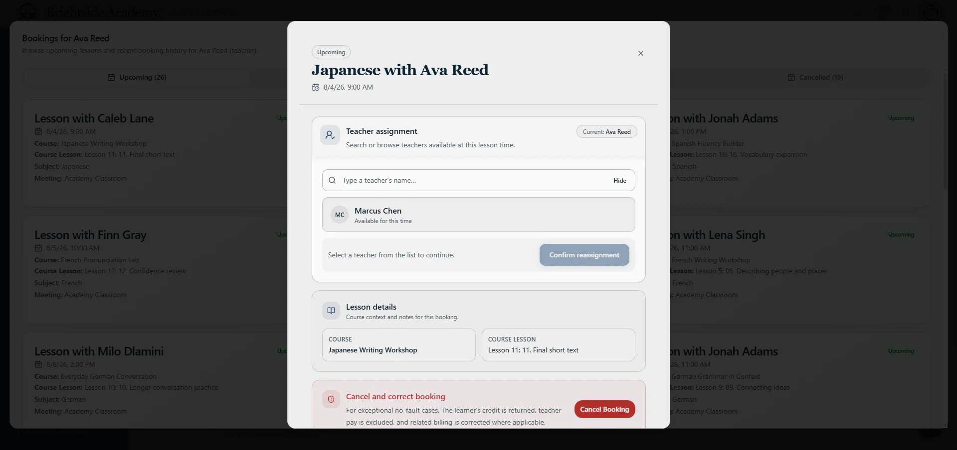 Booking details modal opened from teacher booking management