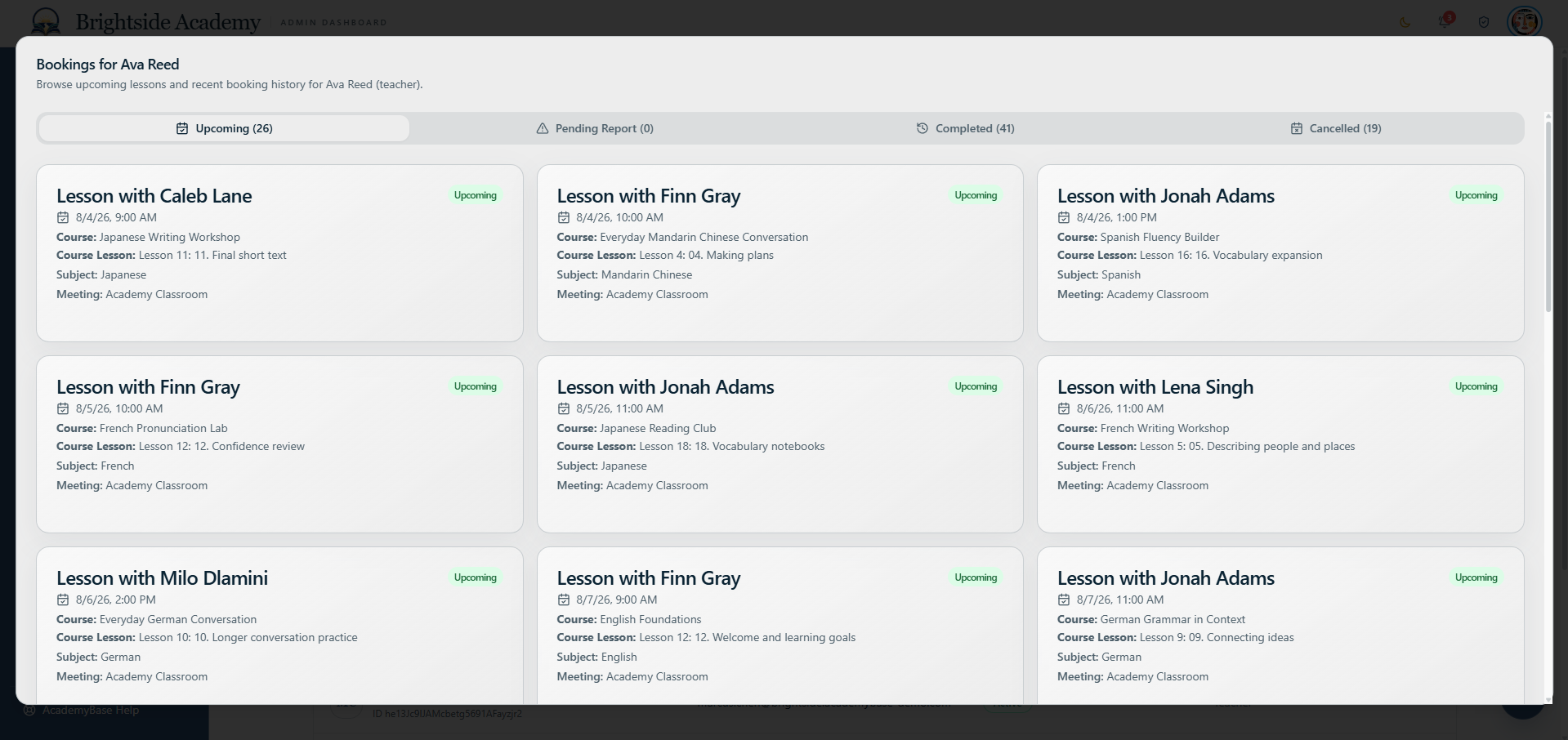 Administrator view of a teacher booking list