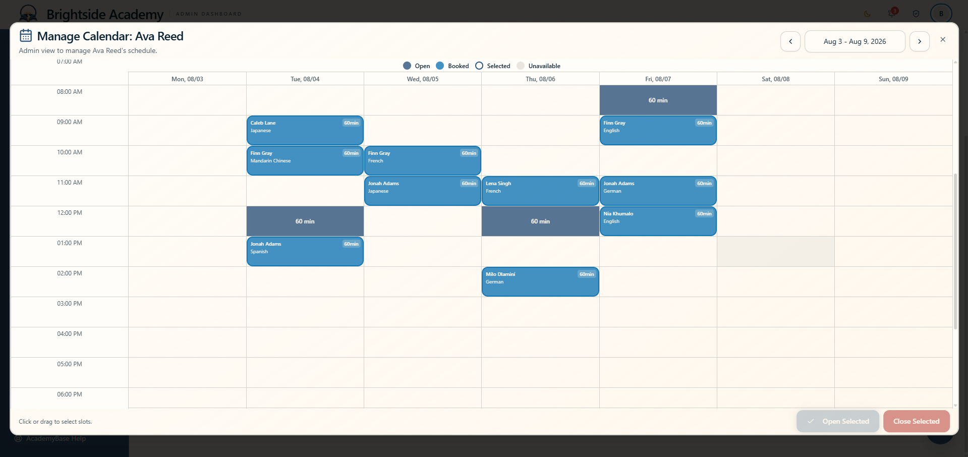 Administrator view of a teacher calendar