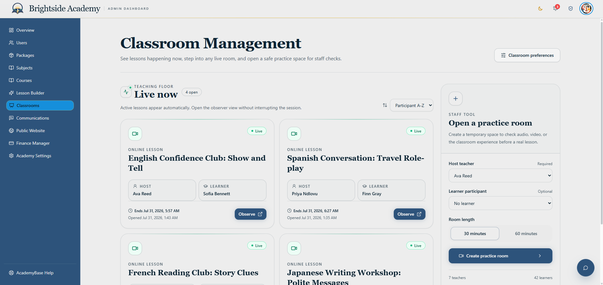 Classroom management page showing live AcademyBase lessons