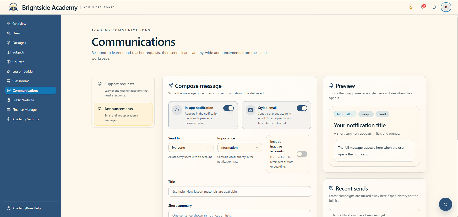 Announcement composer with audience and notification options