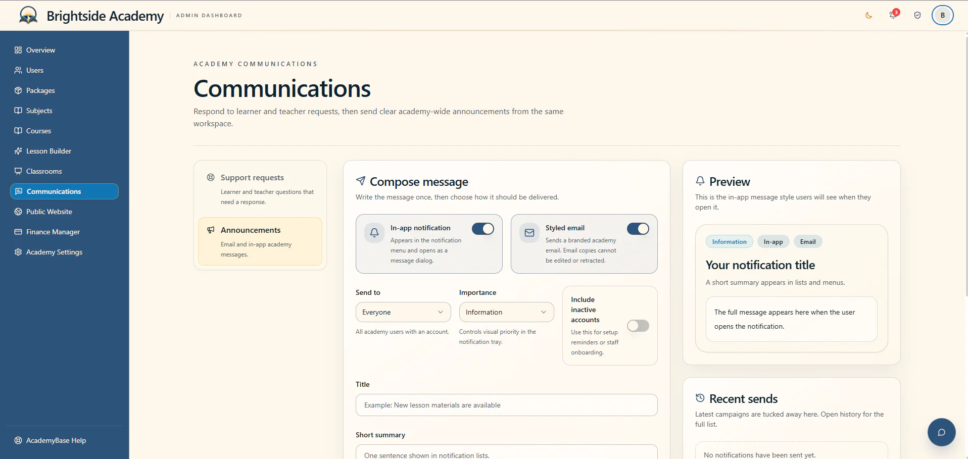Announcement composer with audience and notification options