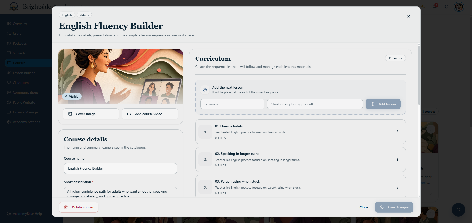 Course editor with cover image and curriculum