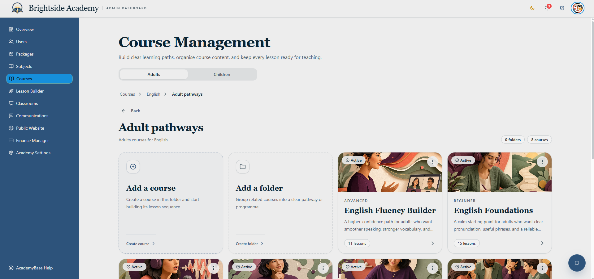 Academy course management workspace
