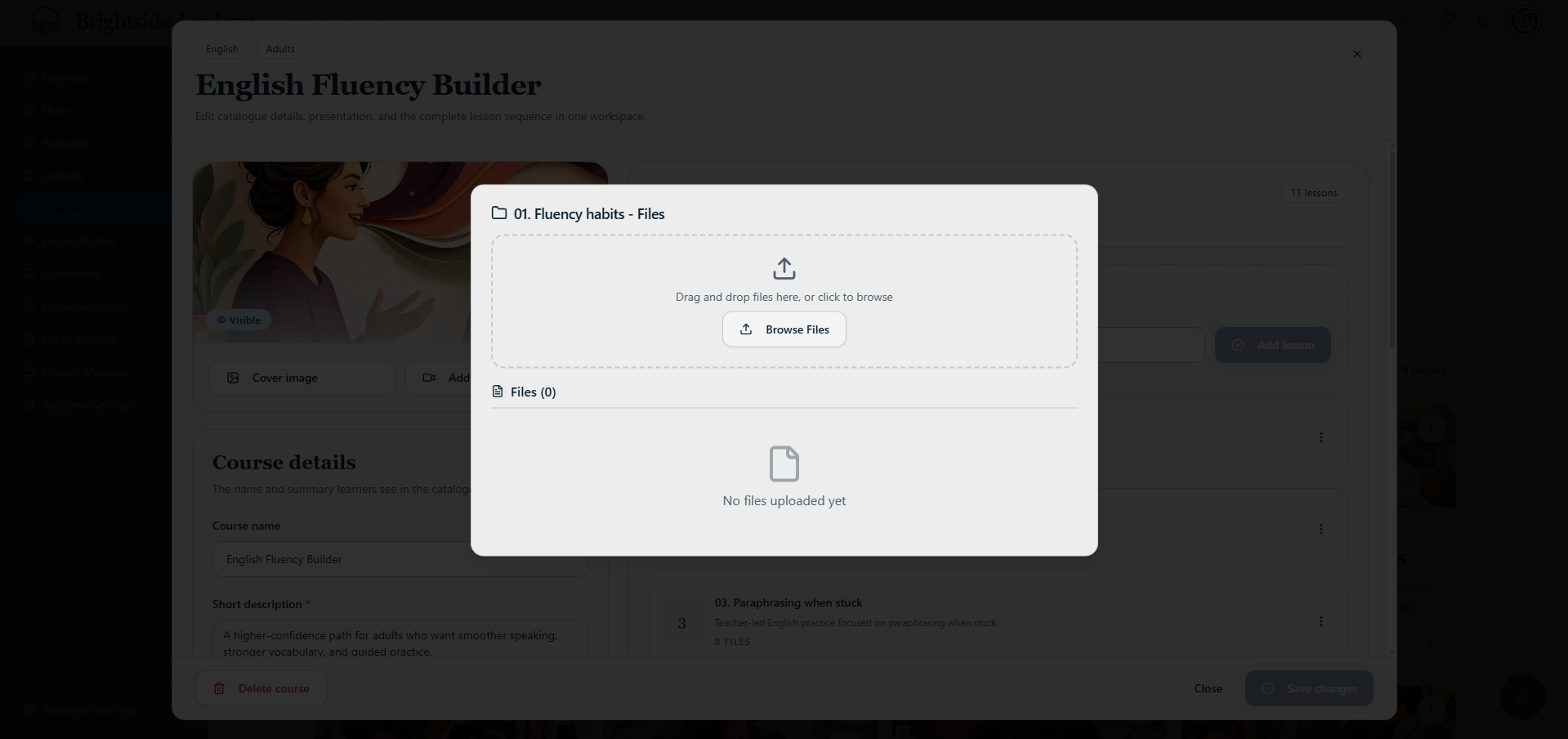 Lesson material upload modal inside the course editor