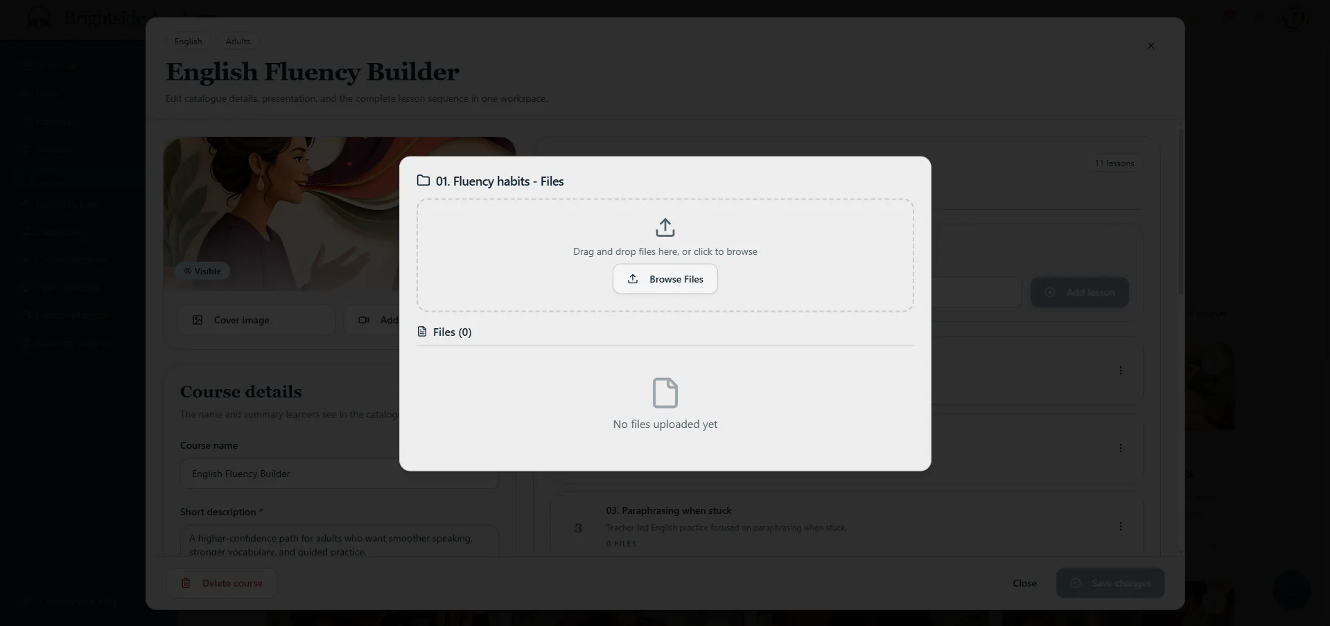 Lesson material upload modal inside the course editor