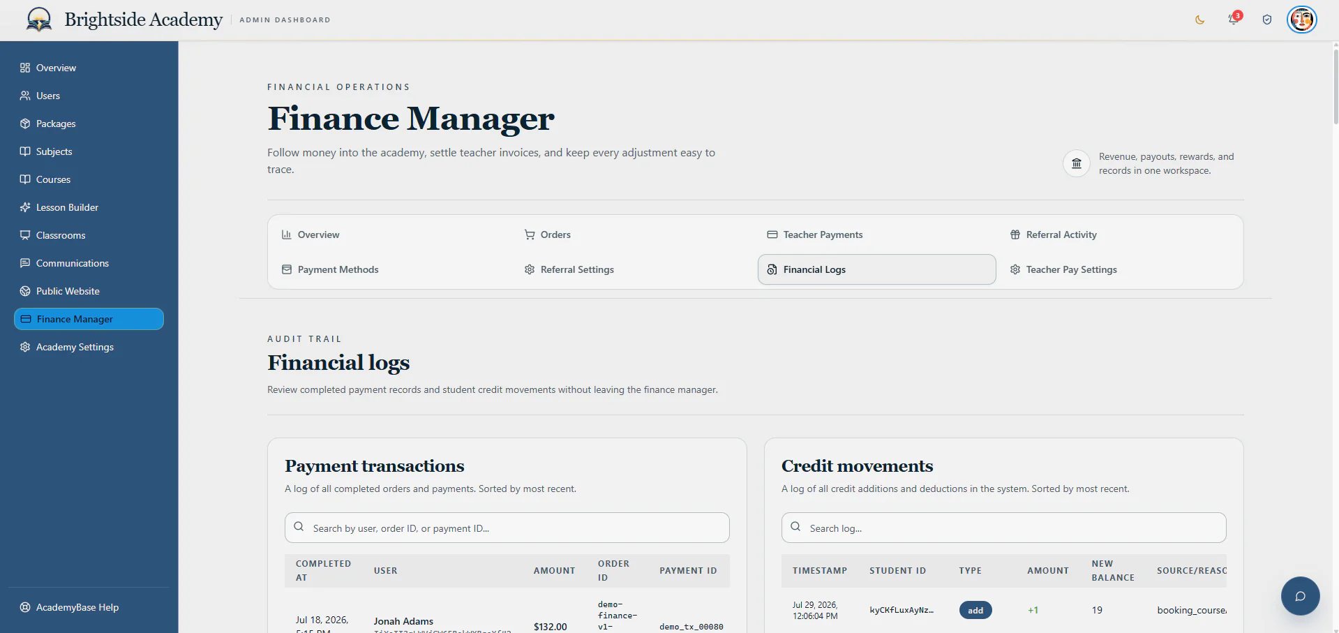 Permanent financial transaction and credit movement logs
