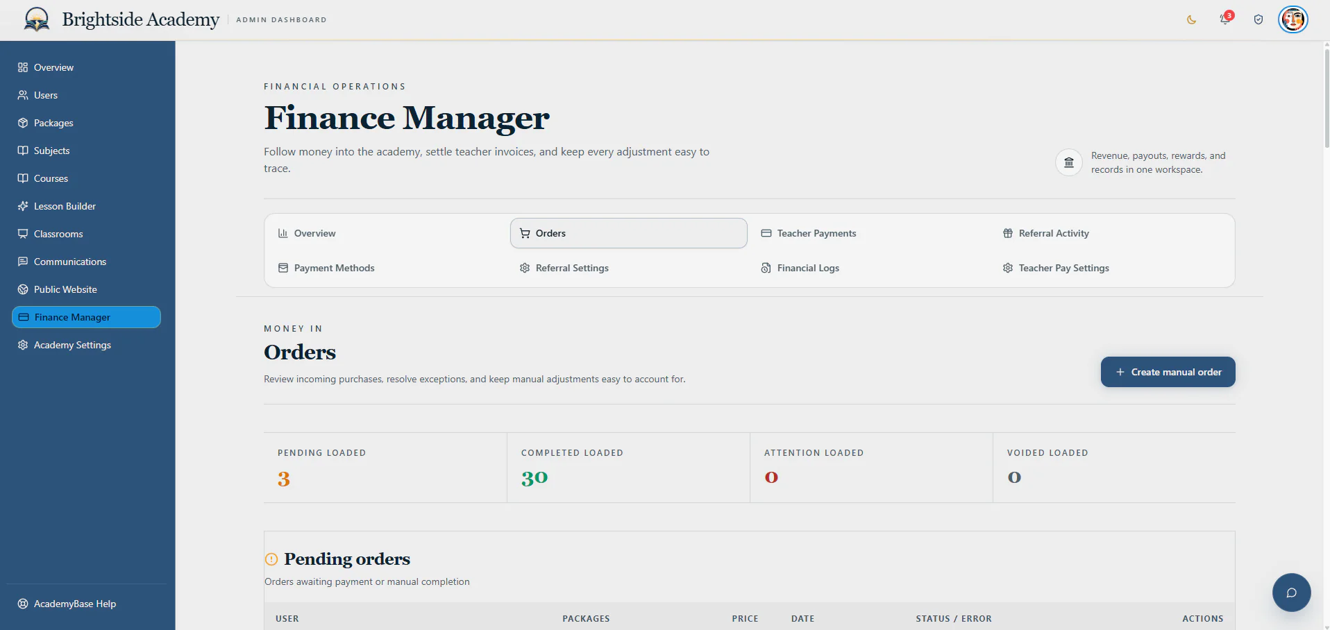 Finance order management page