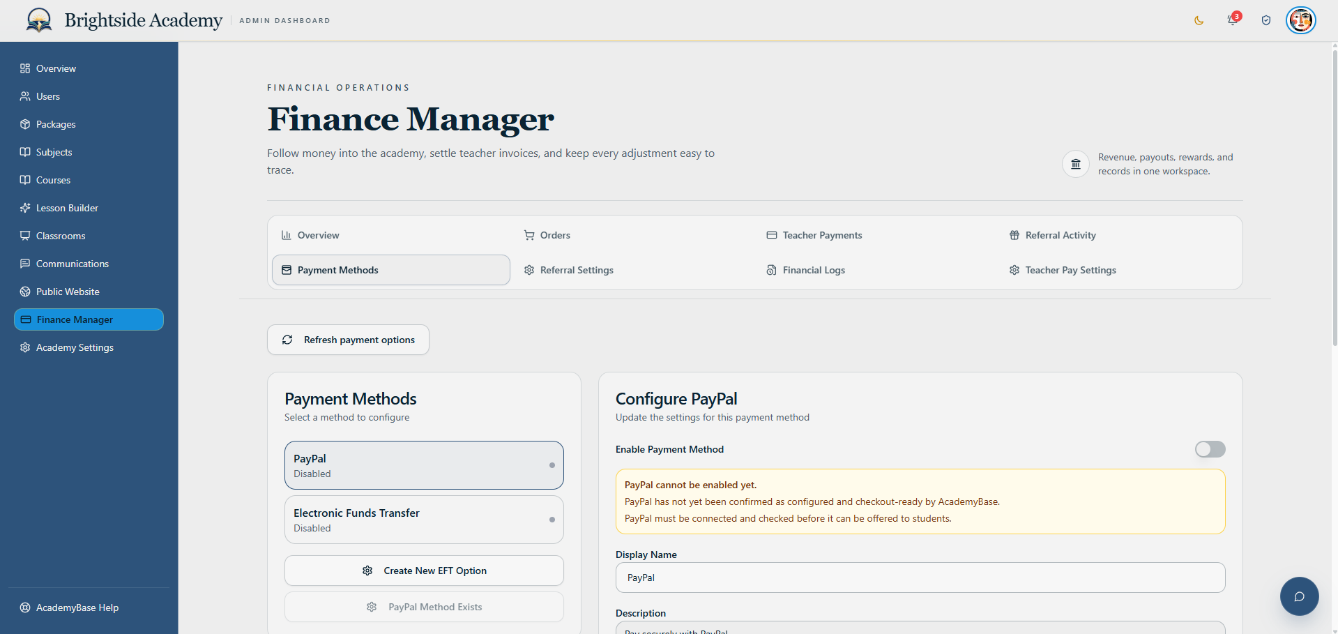 Payment method configuration page