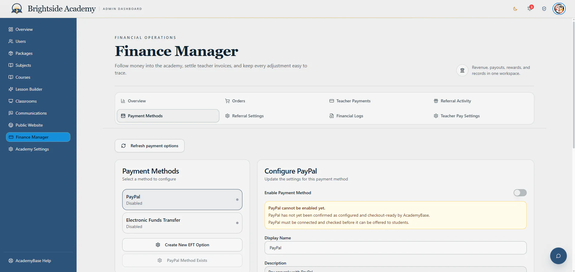 Payment method configuration page