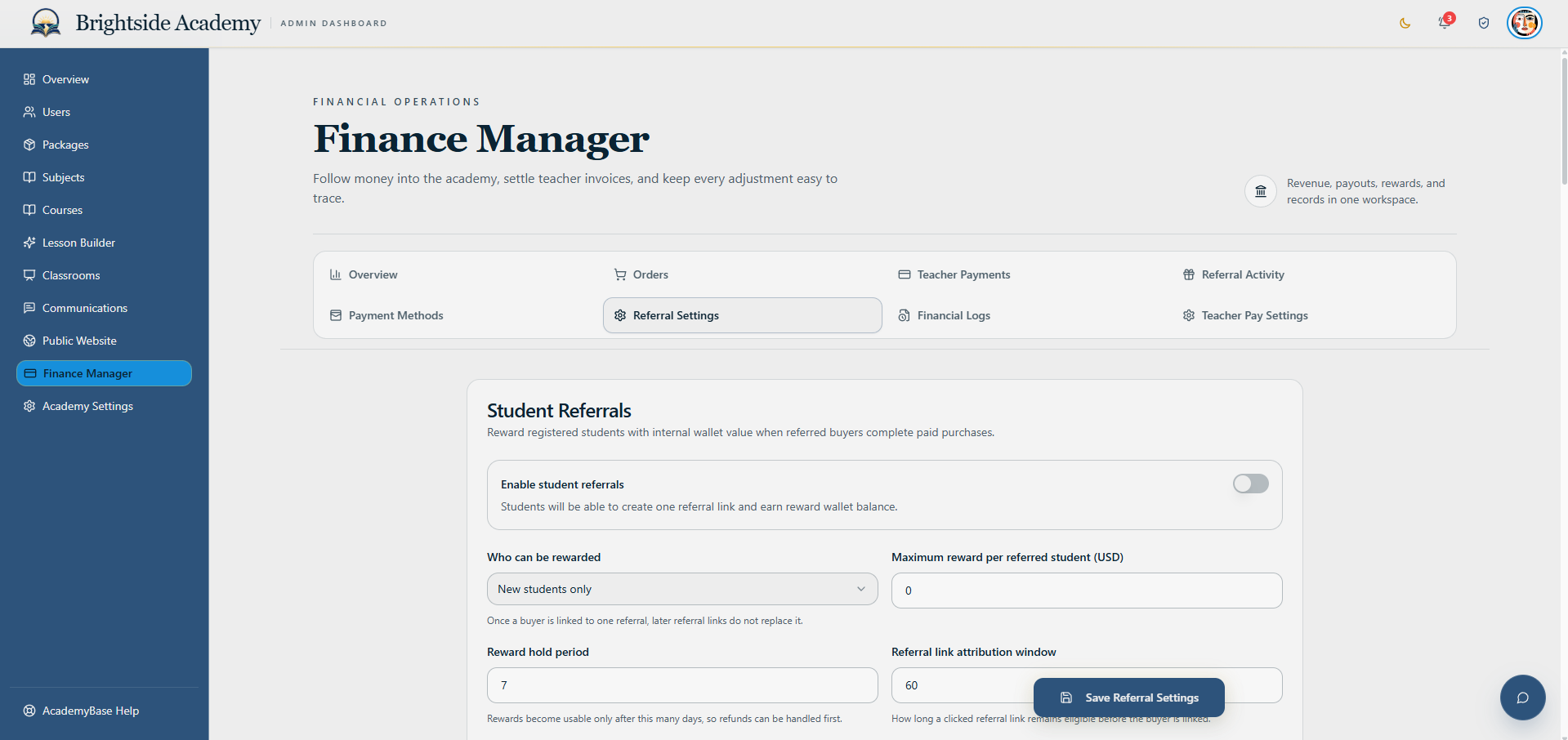 Student referral programme settings
