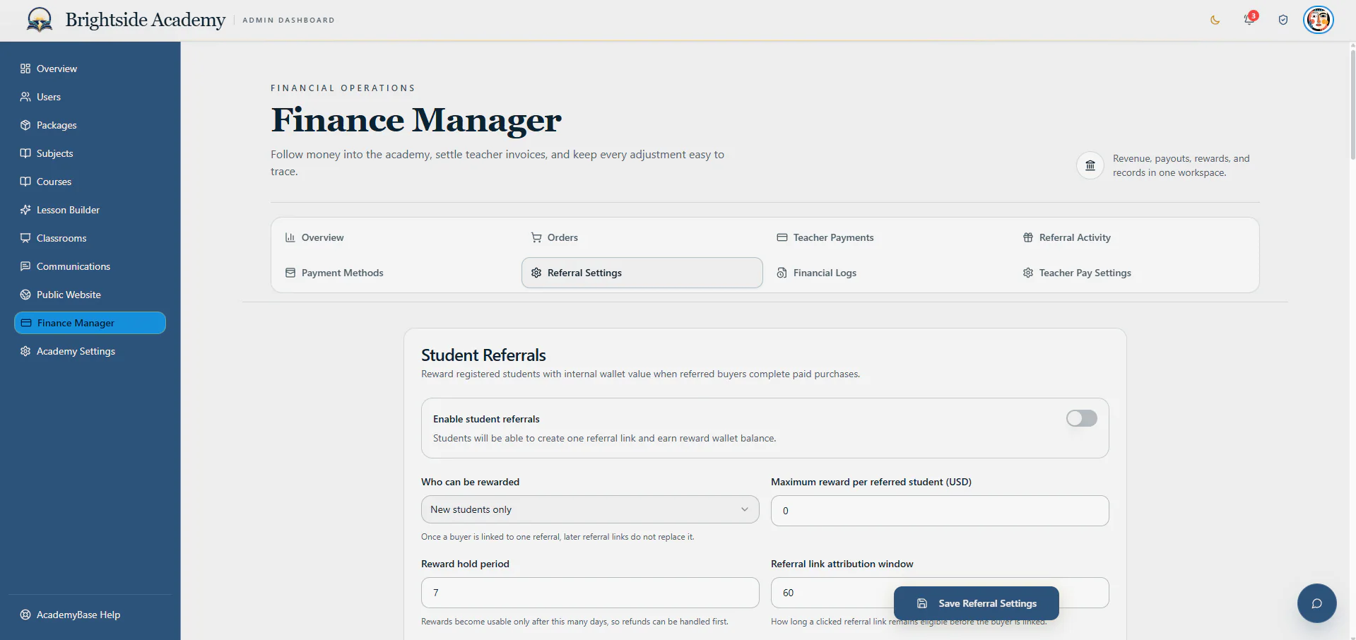 Student referral programme settings