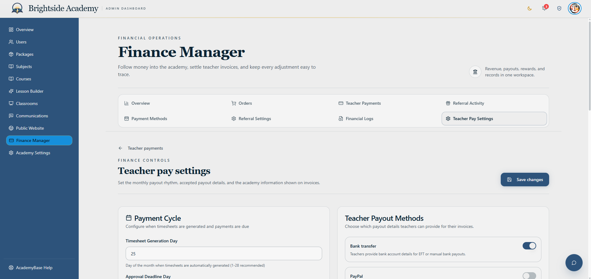 Teacher payment cycle and payout settings