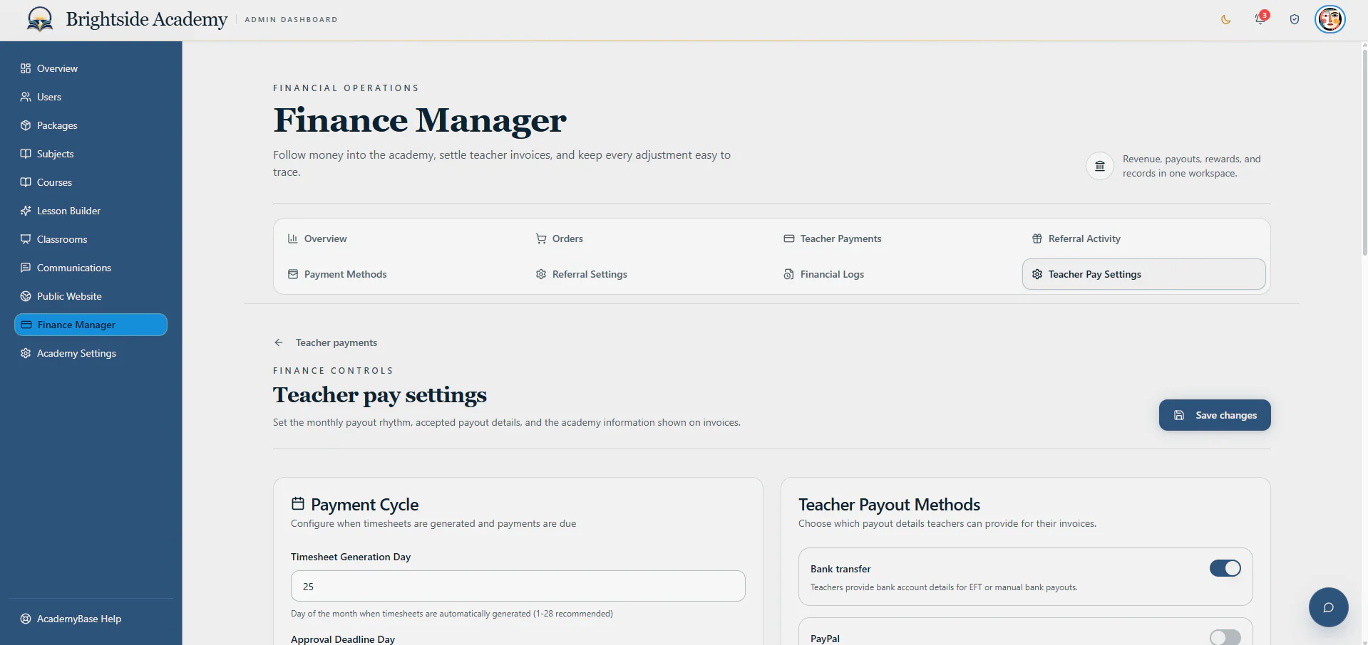 Teacher payment cycle and payout settings