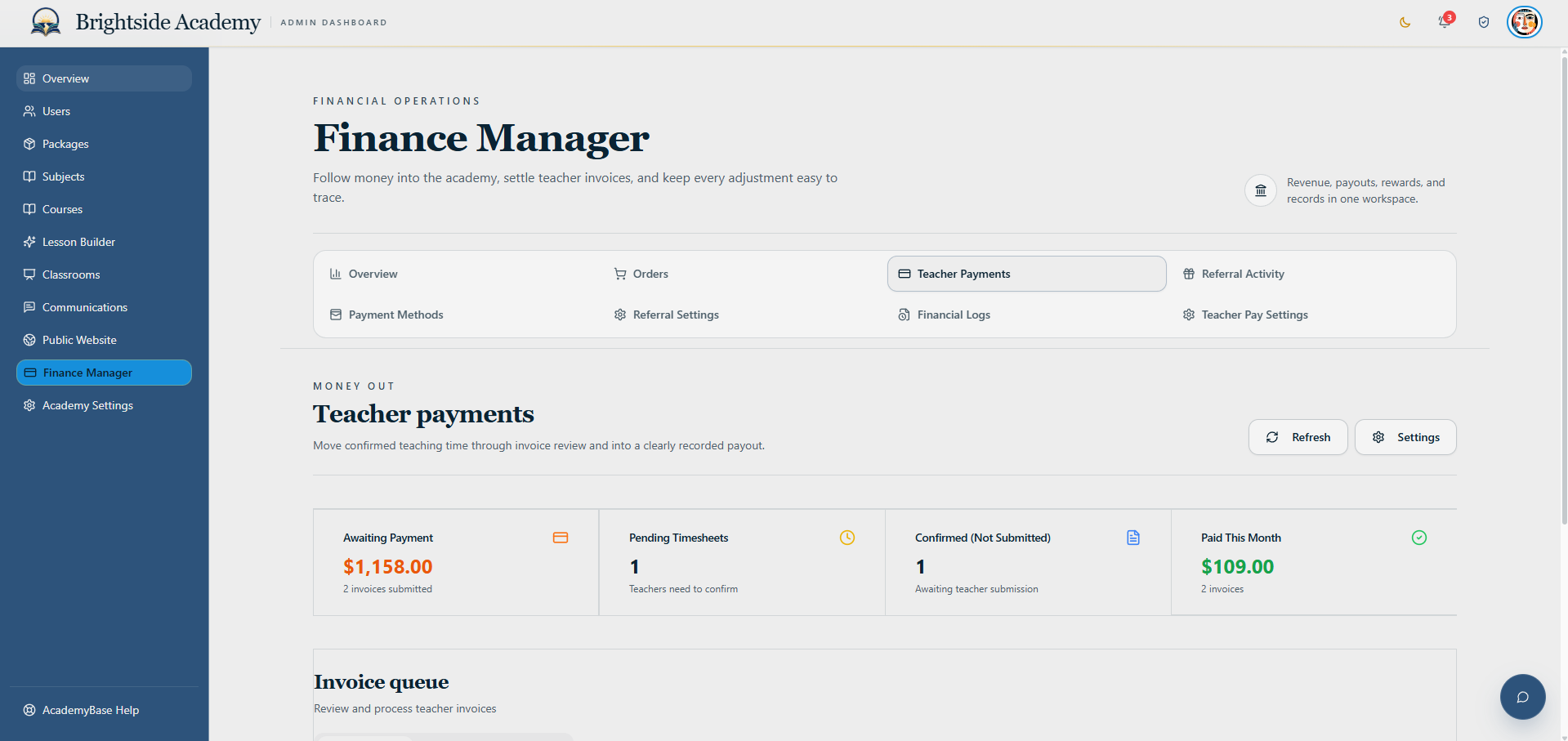 Teacher payments overview with invoice generation