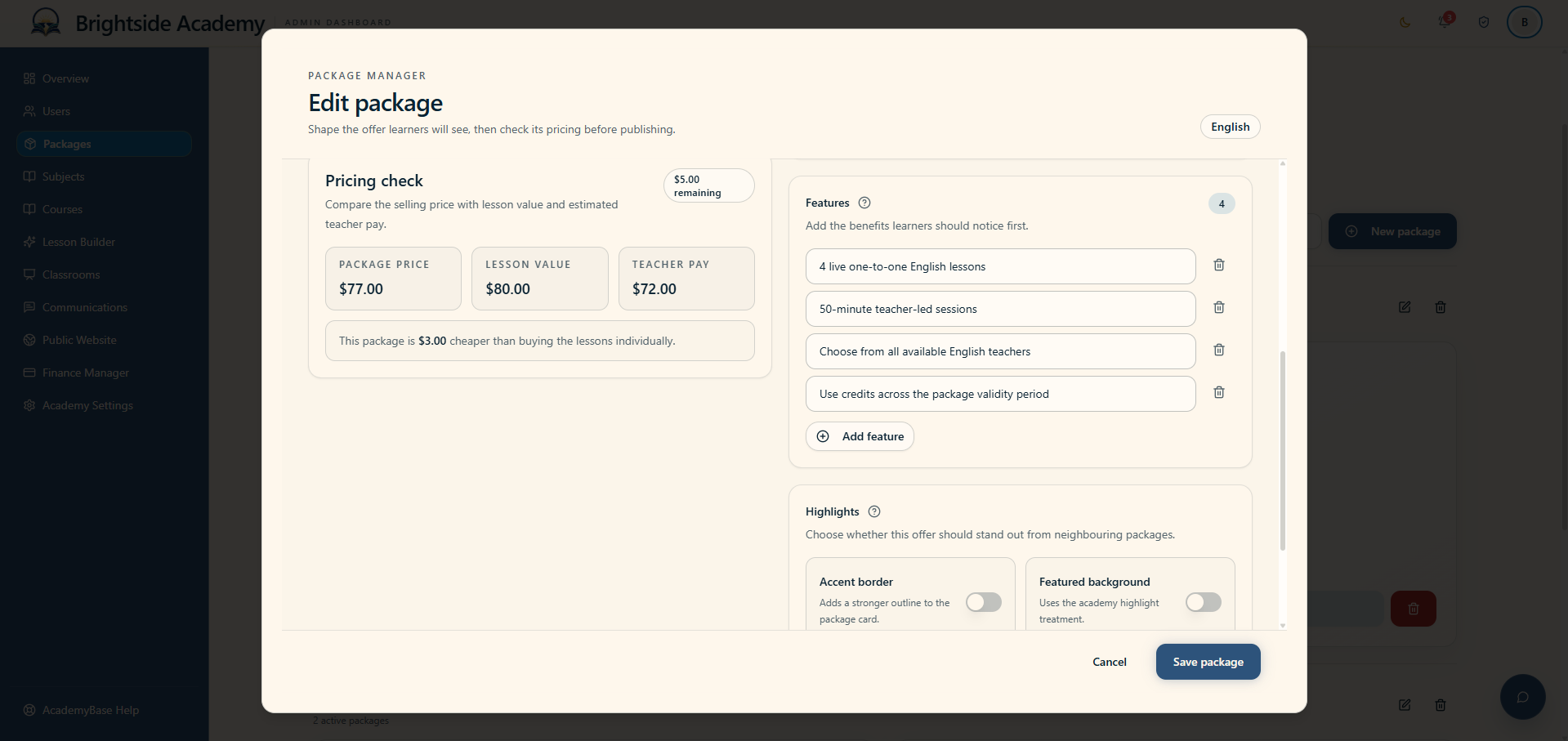 Package editor with rollover, features and pricing check
