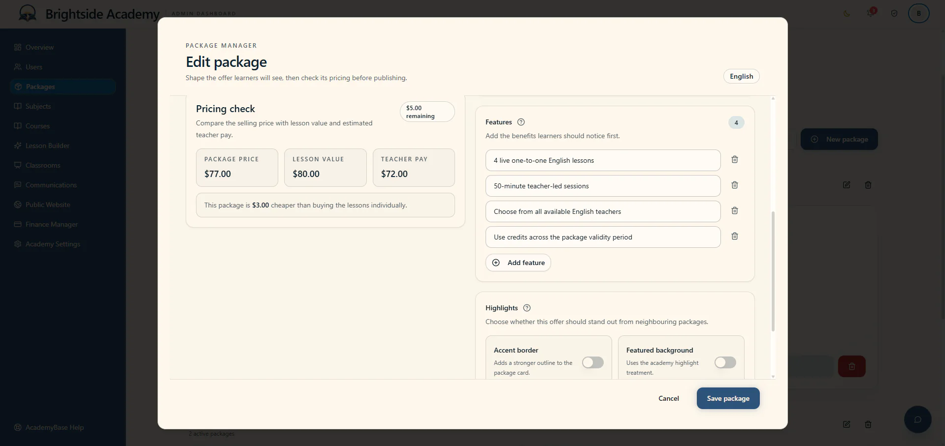 Package editor with rollover, features and pricing check