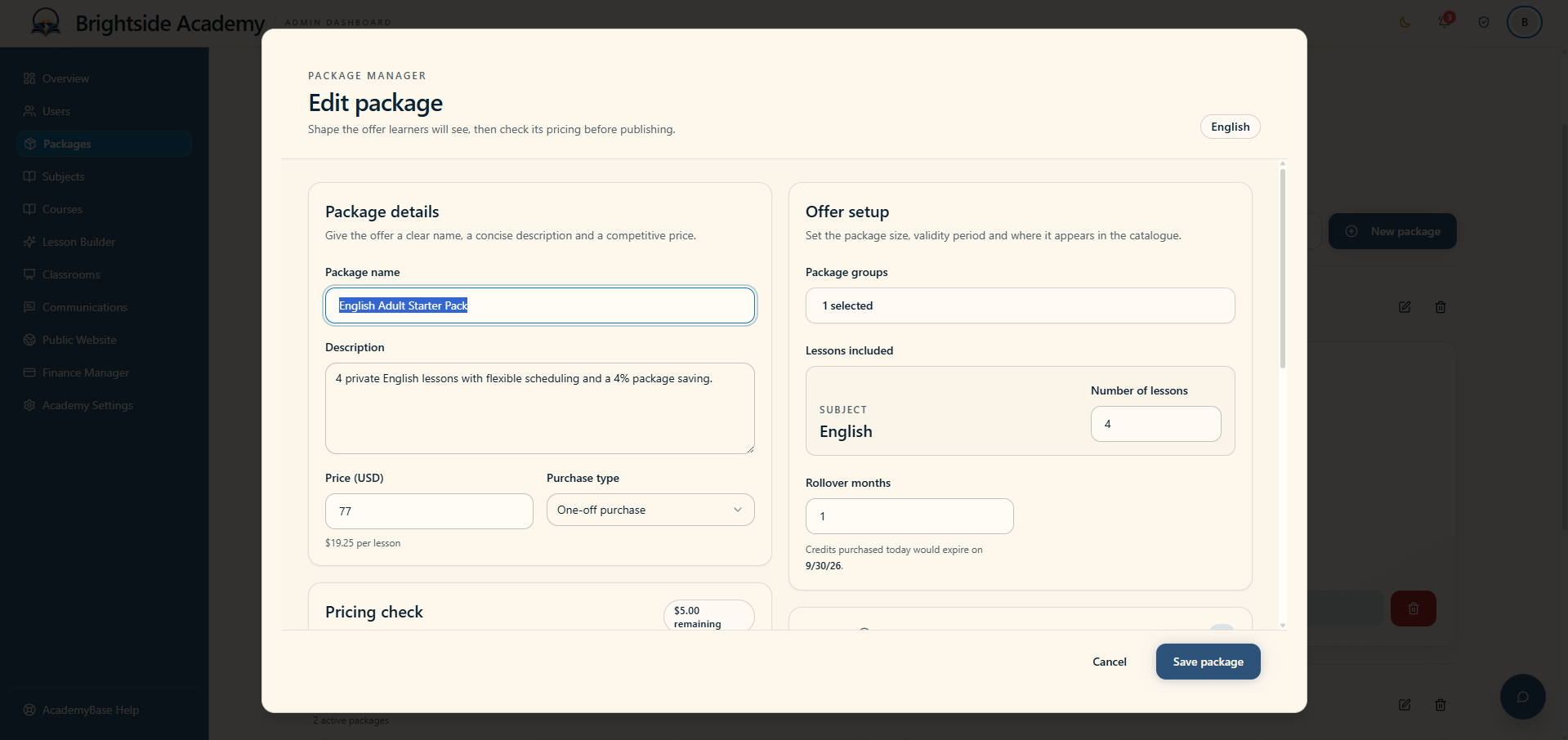 Package editor with pricing and offer configuration