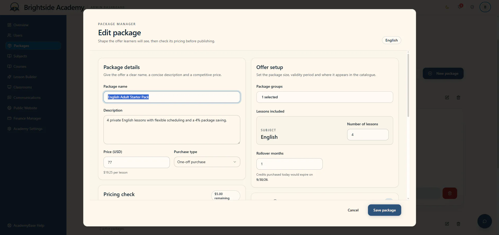 Package editor with pricing and offer configuration