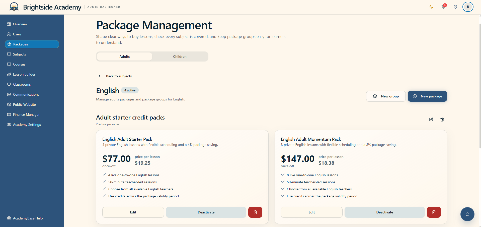Package management page with active English credit offers