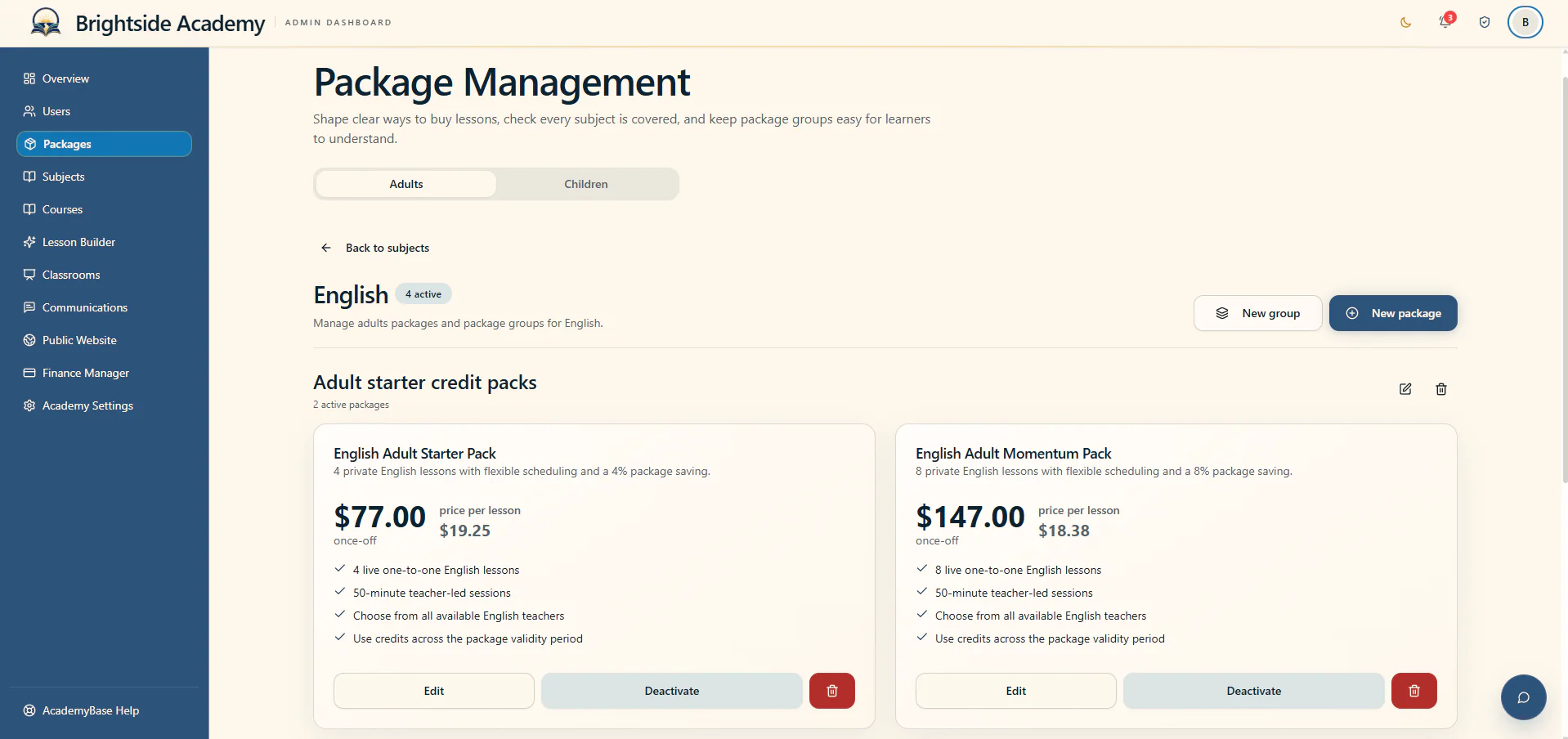 Package management page with active English credit offers