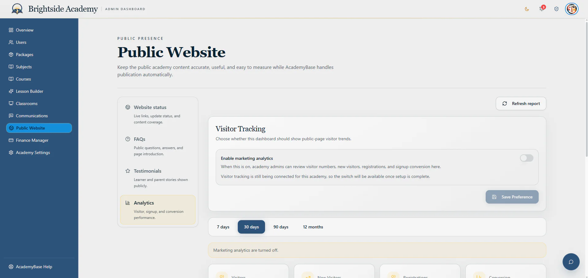 Public website visitor tracking settings