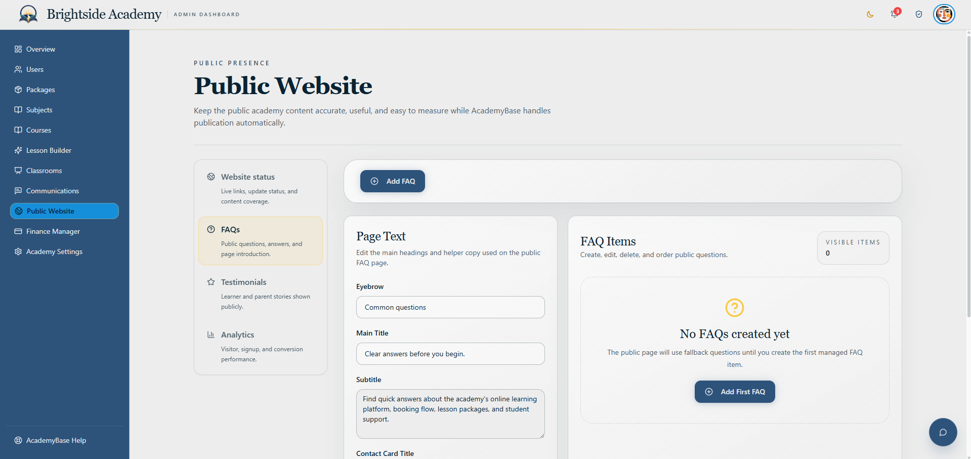 Public website FAQ management page