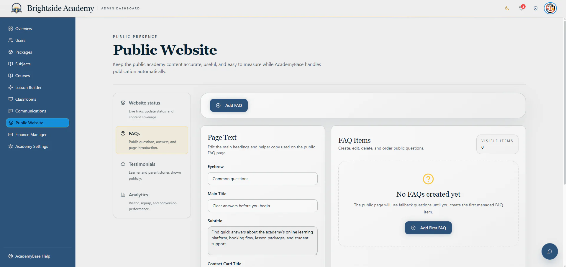 Public website FAQ management page