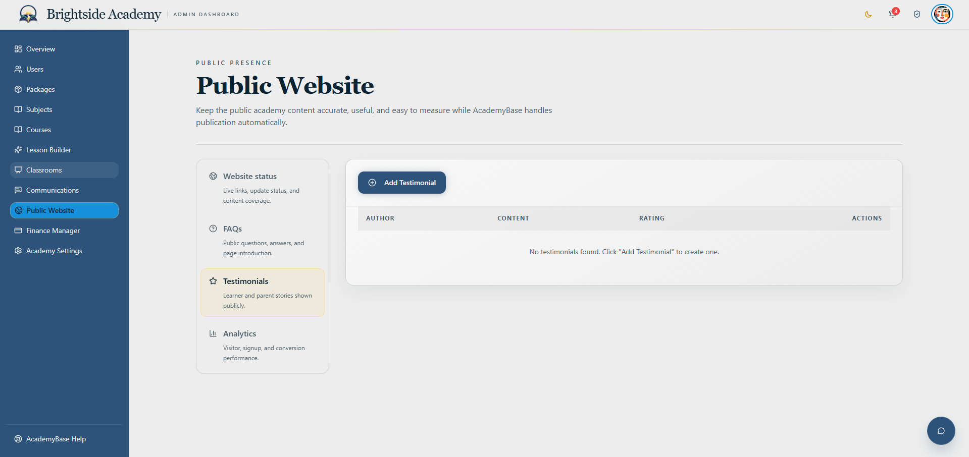 Public website testimonial management page