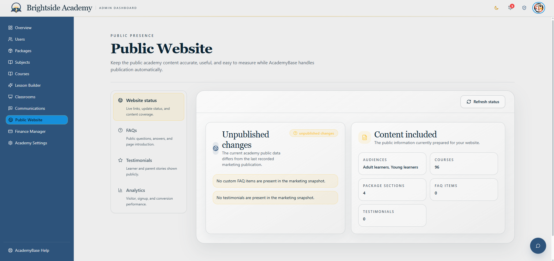 Public website status page showing unpublished changes and consent configuration