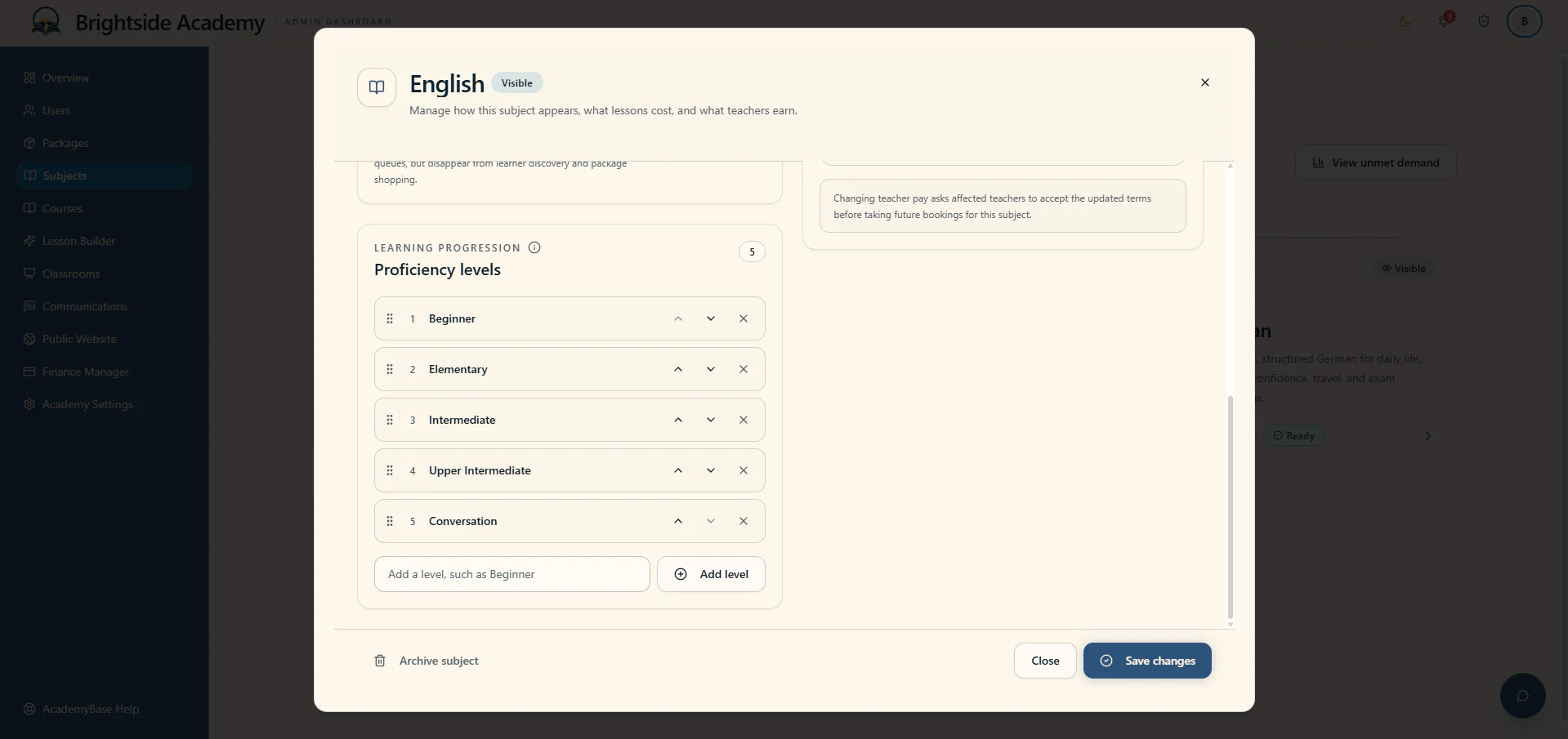 Subject editor showing proficiency levels and catalogue settings
