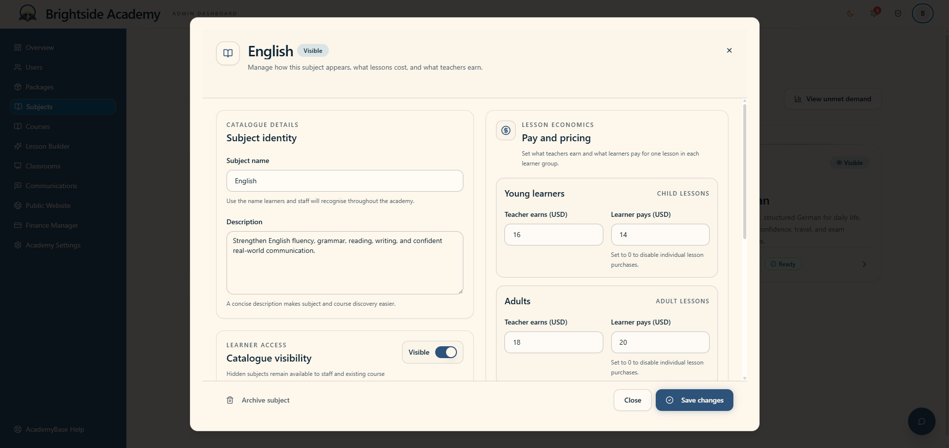 Subject editor showing identity, teacher pay and audience settings
