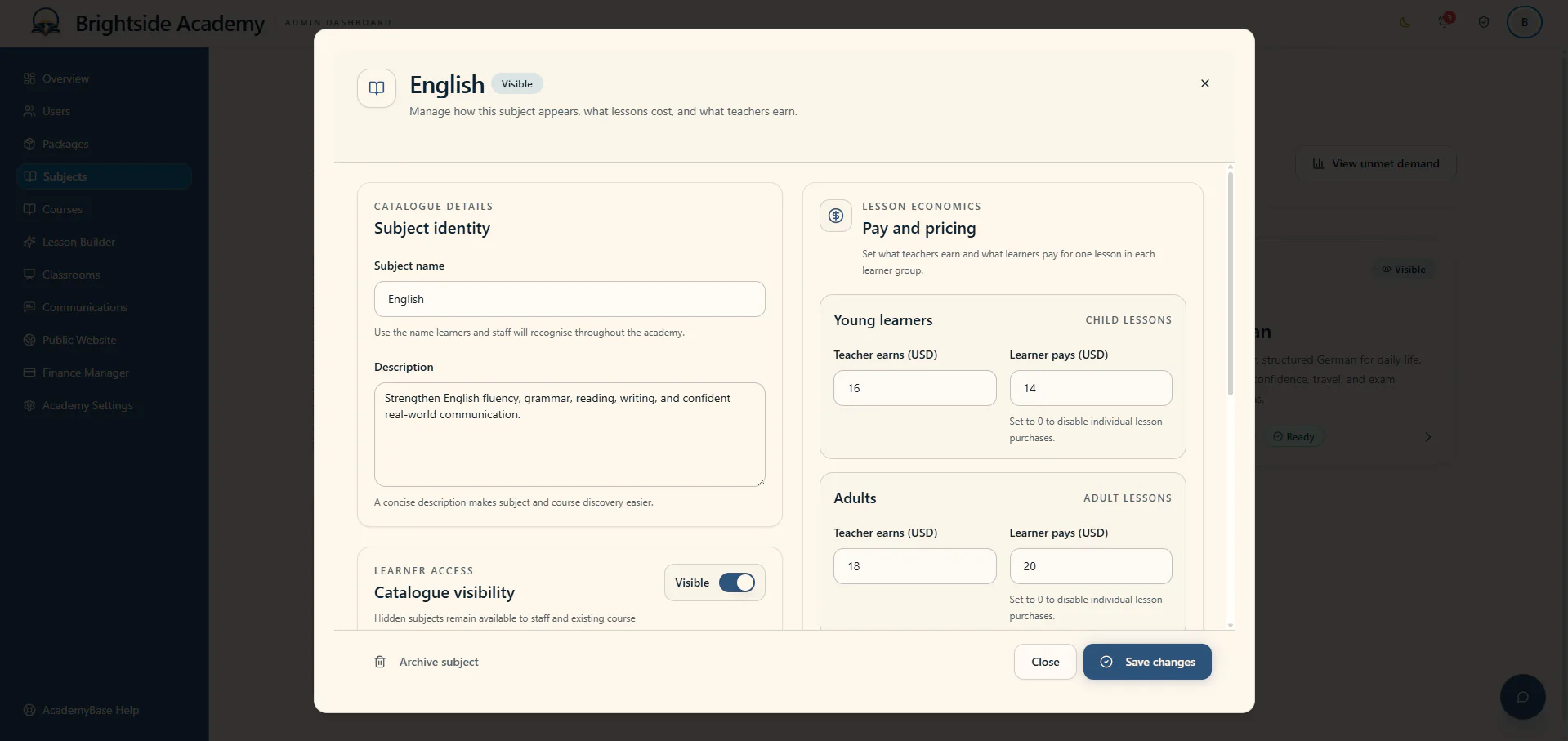 Subject editor showing identity, teacher pay and audience settings