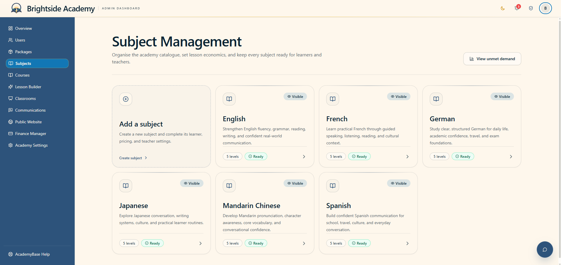 Subject management page with active academy subjects