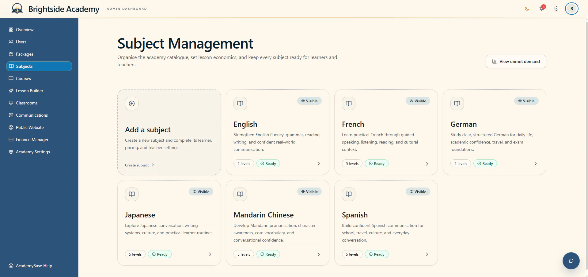 Subject management page with active academy subjects
