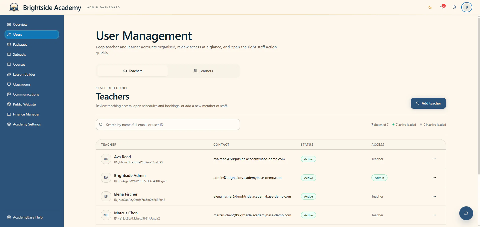 User management page showing the academy teacher directory