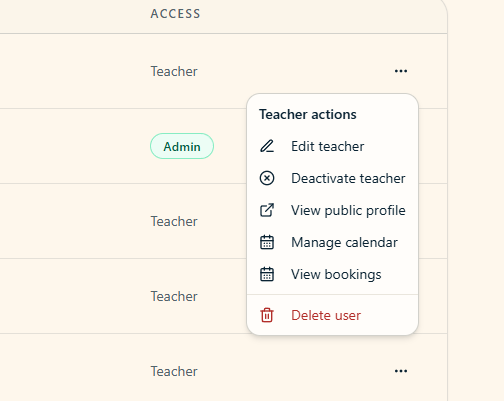 Teacher actions menu with profile, calendar and booking controls