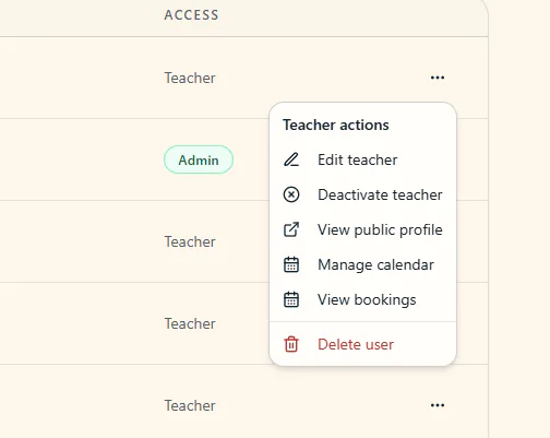 Teacher actions menu with profile, calendar and booking controls