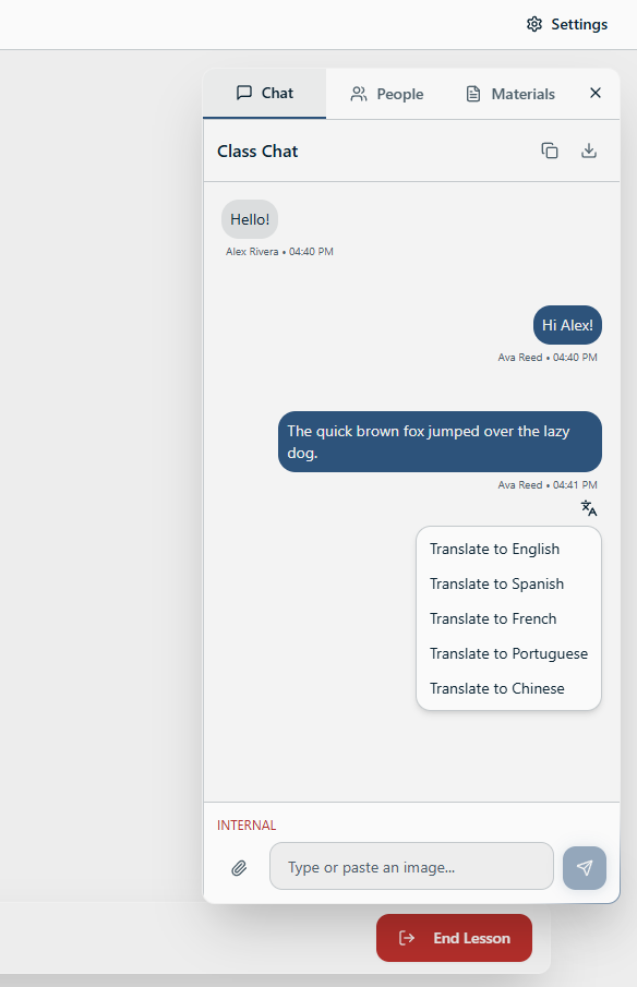 AcademyBase classroom chat panel with translated lesson messages