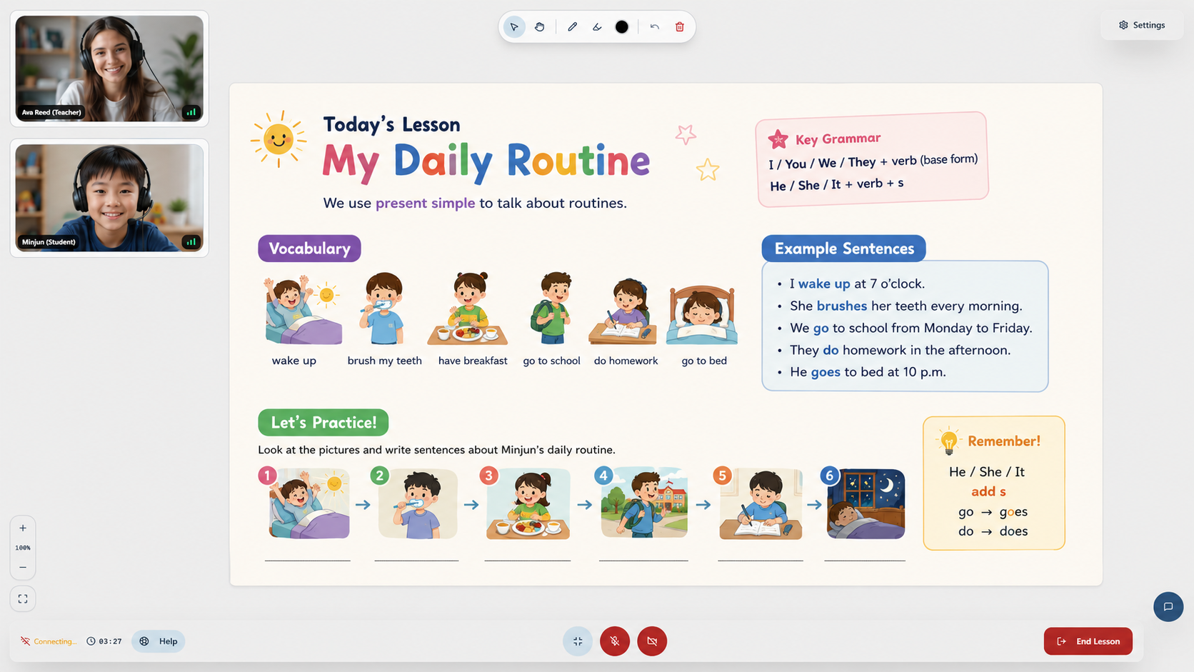 Live classroom using a colourful My Daily Routine lesson with teacher and child cameras