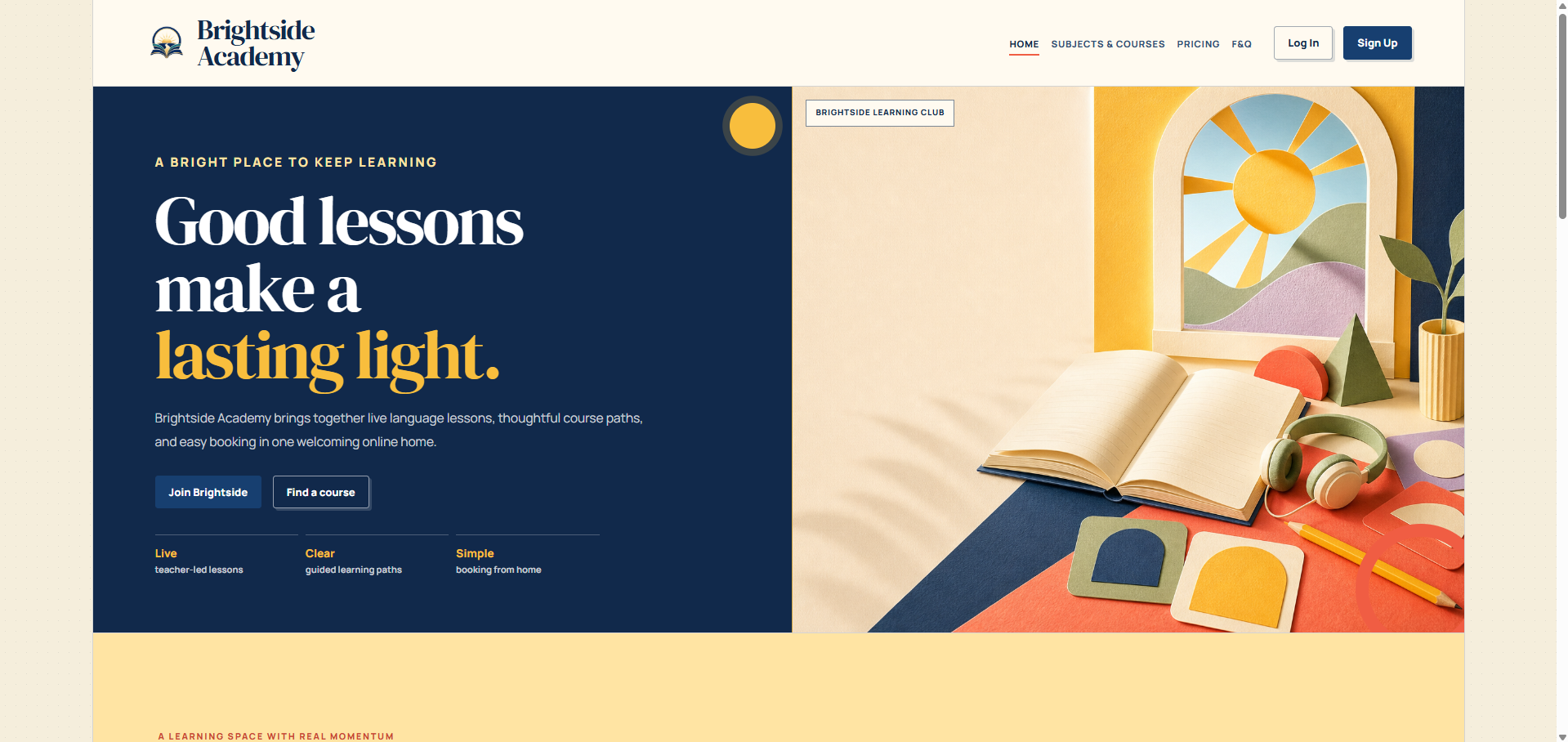 Brightside Academy public homepage example with bold editorial design
