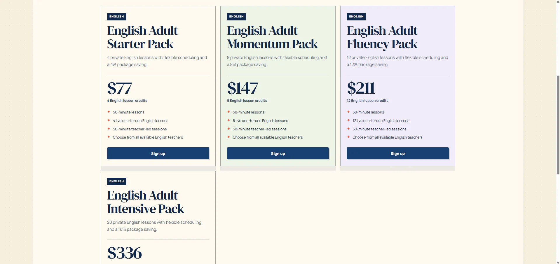 Brightside Academy adult English package cards