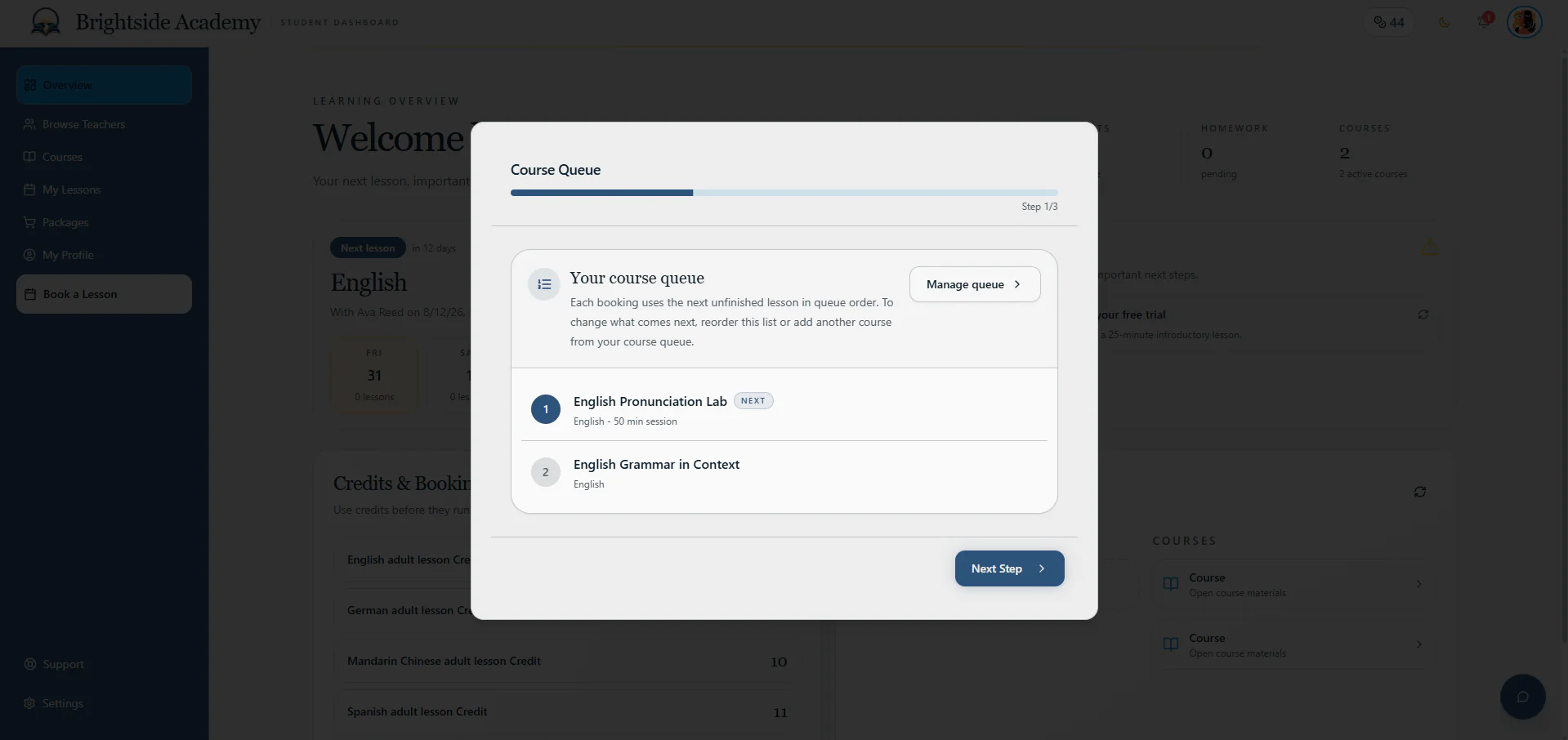 Lesson booking step one showing course selection